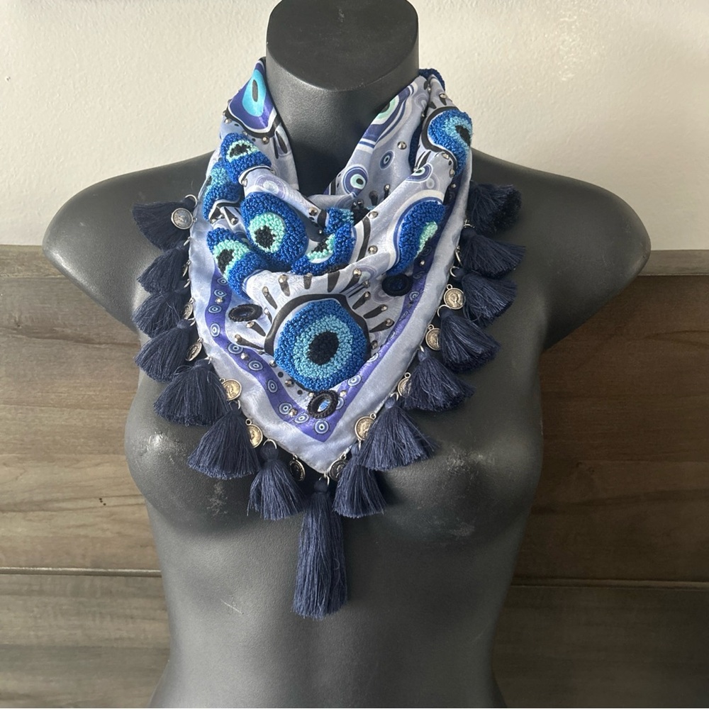 Embroidered Boho Western bandana -Colombian scarf lavender evil eyes blue - Picture 2 of 6
